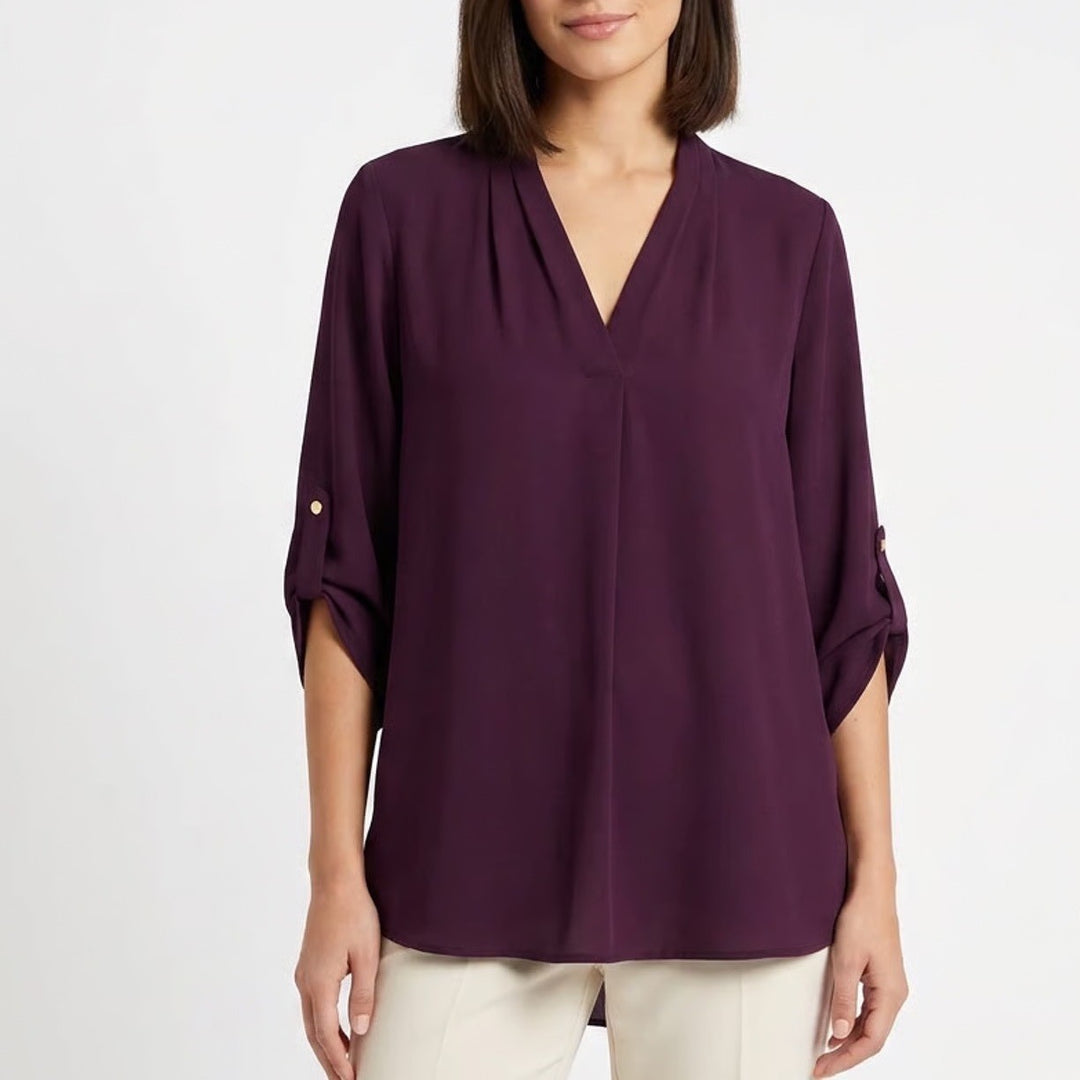 Calvin Klein Womens 1X Plum Purple V-Neck 3/4 Roll-Tab Sleeve Blouse Top