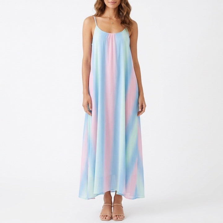 Womens Maxi A Line Dress Multicolor Pastel Ombre Rainbow Print Spaghetti Strap