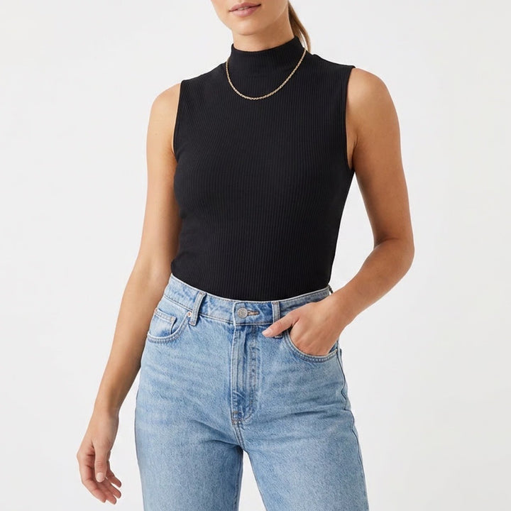 Amazon Essentials Tank Top Womens L Black Cotton Stretch Ribbed Knit Mock Neck