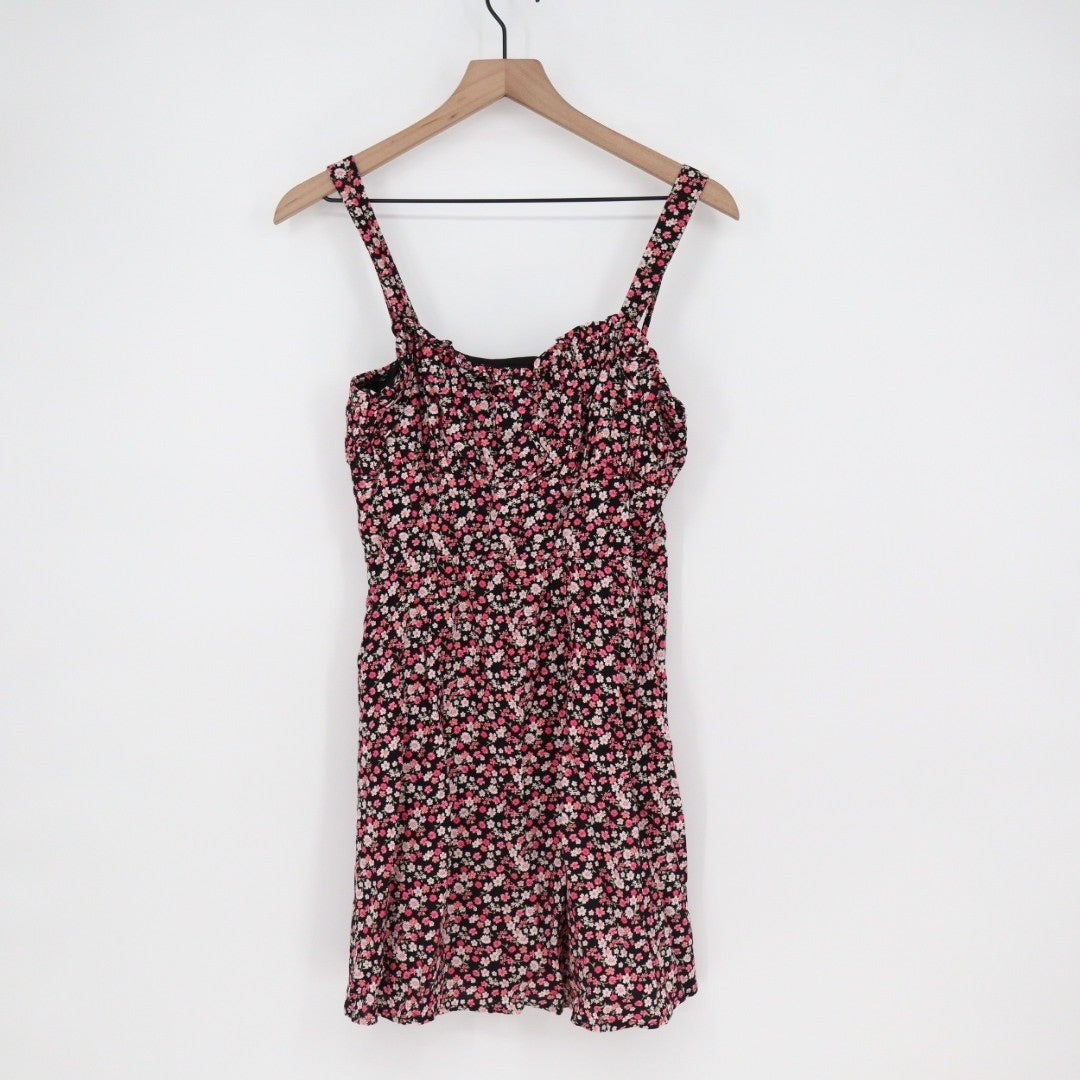 ROW A Floral Print Smocked Bodice Mini Dress Women's Size M Pink Black