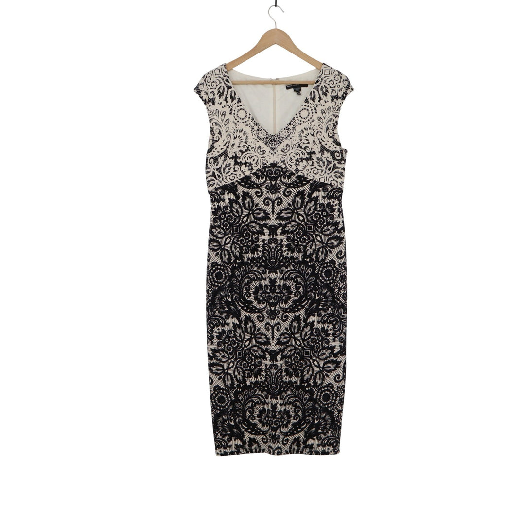 Maggy London Womens Size 12 Black White Damask V-Neck Cap Sleeve Midi Dress