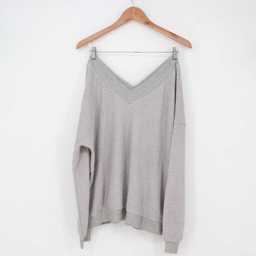 ADREAMLY Waffle Knit Top Womens Large Gray V-Neck Long Sleeve Relaxed Excellent