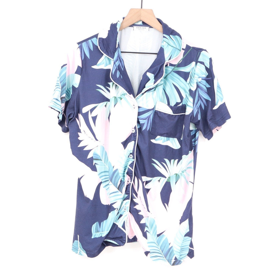 Ekouaer Mens Pajama Set Large Navy Tropical Banana Leaf Short Sleeve Button Down