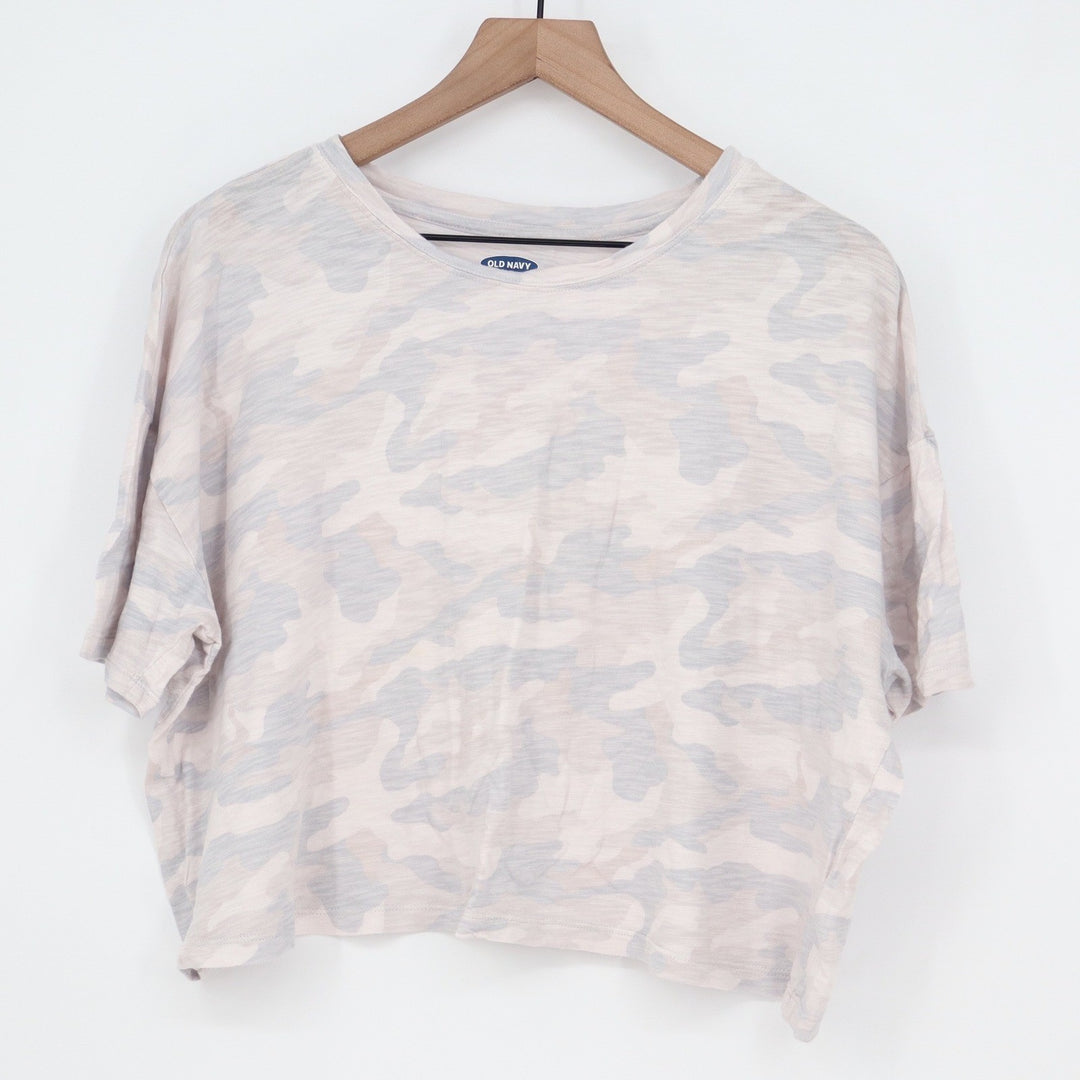 Old Navy Womens XL Grey Camo Crop Tee Short Sleeve Relaxed Fit Slub Knit Top