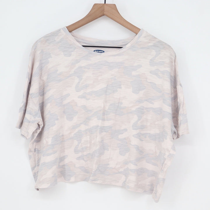 Old Navy Womens XL Grey Camo Crop Tee Short Sleeve Relaxed Fit Slub Knit Top