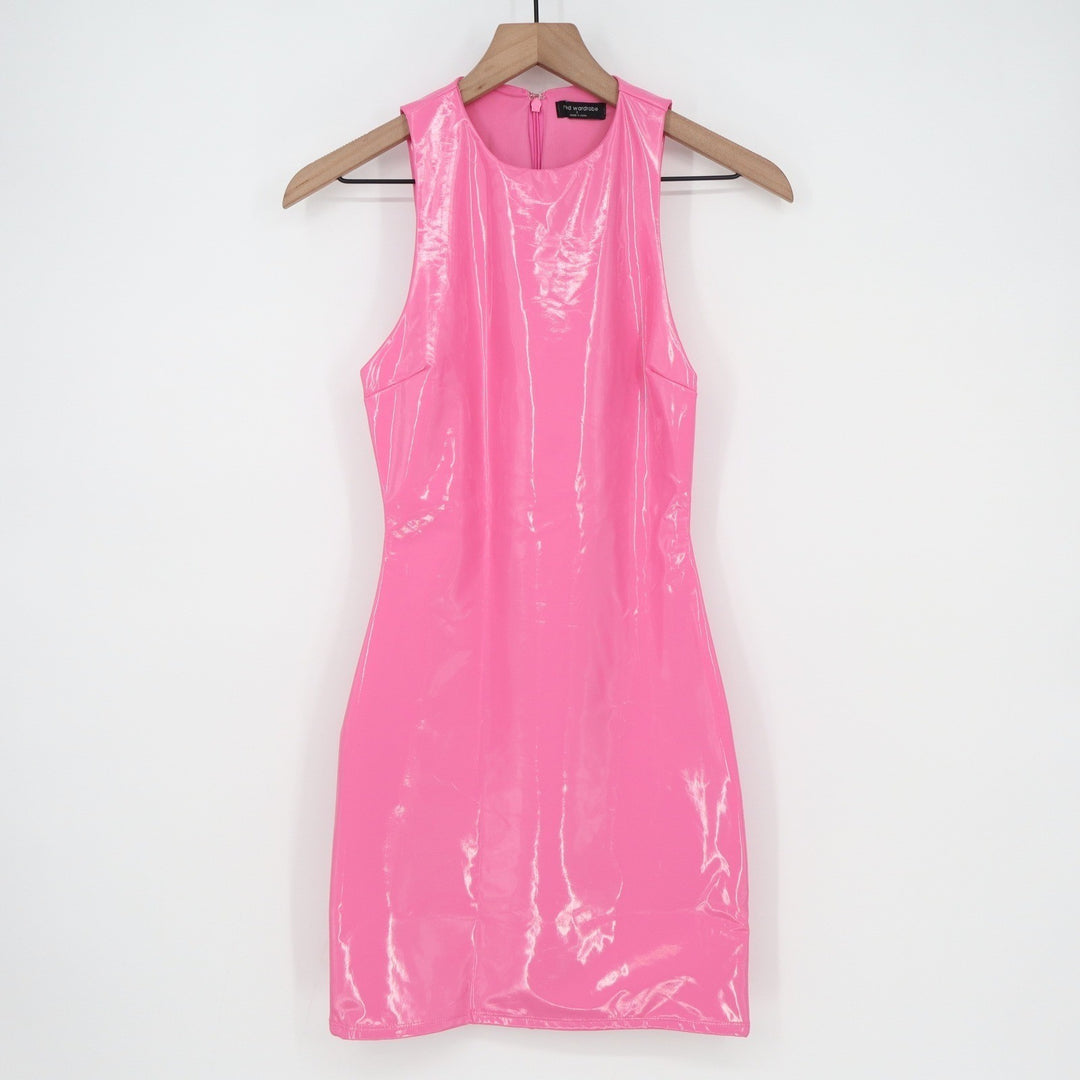 Naked Wardrobe Pink Vinyl High Neck Bodycon Mini Dress Small