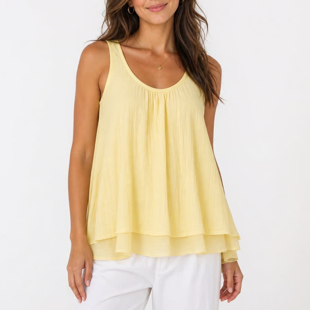 Lucy & Laurel Womens Small Yellow Ruffle Racerback Layered Chiffon Hem Tank Top