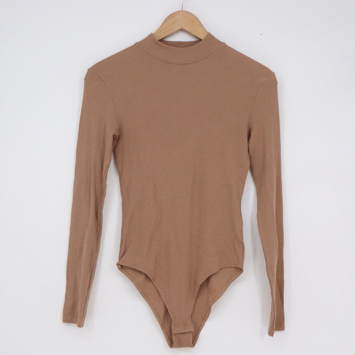 HM Womens Mock Neck Ribbed Long Sleeve Bodysuit Tan Camel Brown Small