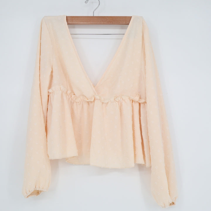 Peach Swiss Dot Deep V-Neck Peplum Blouse Long Sleeve Ruffle Top Large