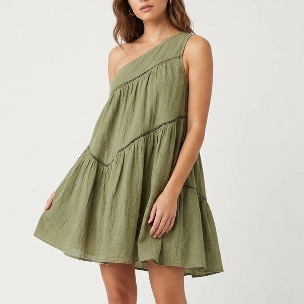 Cupshe Mini Dress Womens Small Olive Green Cotton Asymmetrical One-Shoulder