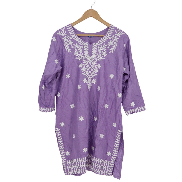 Sitaram Designer Purple Embroidered Kurti Tunic Top Womens XXL V-Neck 3/4 Sleeve