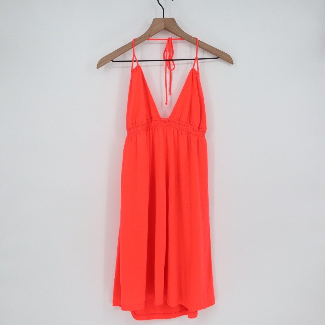 Neon Coral Halter Neck Smocked Waist Mini Dress L