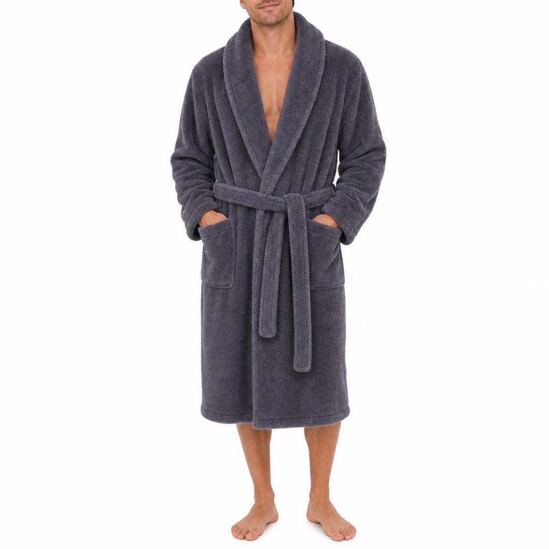 Chakir Linen Bathrobe Mens Large Plush Fleece Charcoal Grey Shawl Collar