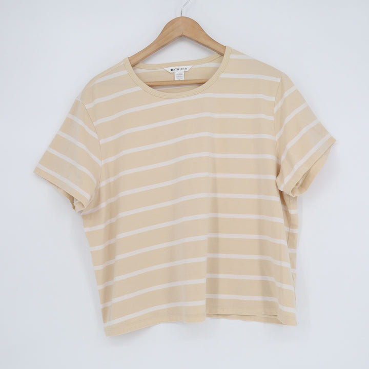 Athleta Womens XL Tan White Striped Short Sleeve Crewneck T-Shirt Relaxed Fit