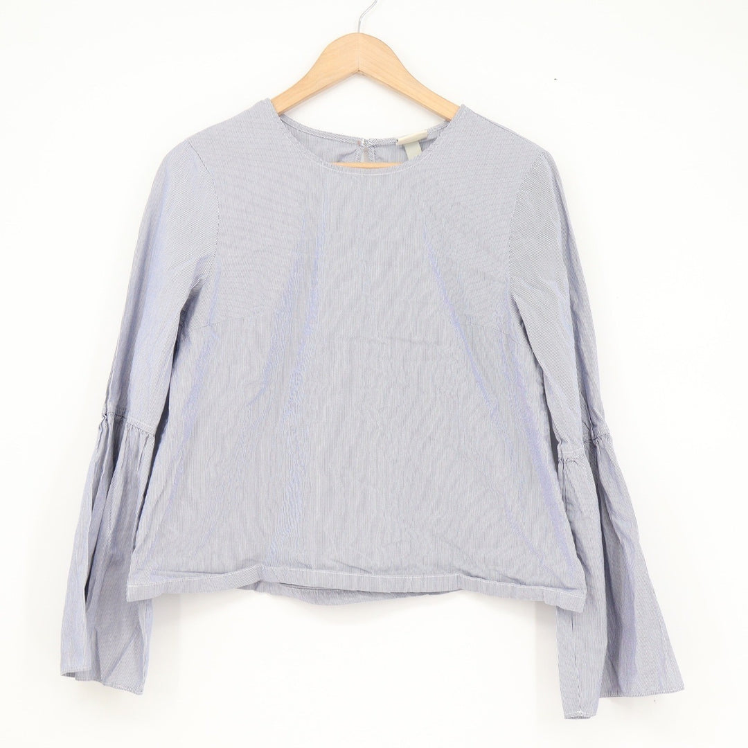 A New Day Blue White Pinstripe Bell Sleeve Blouse Womens Small