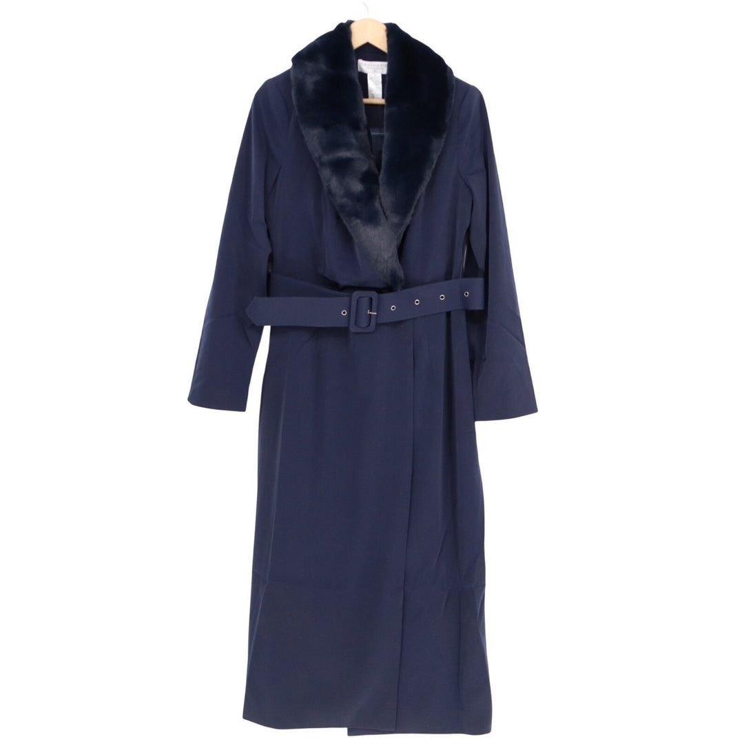 Naked Wardrobe The Statement Trench Coat Womens M Navy Fur Trim Lined Stretch