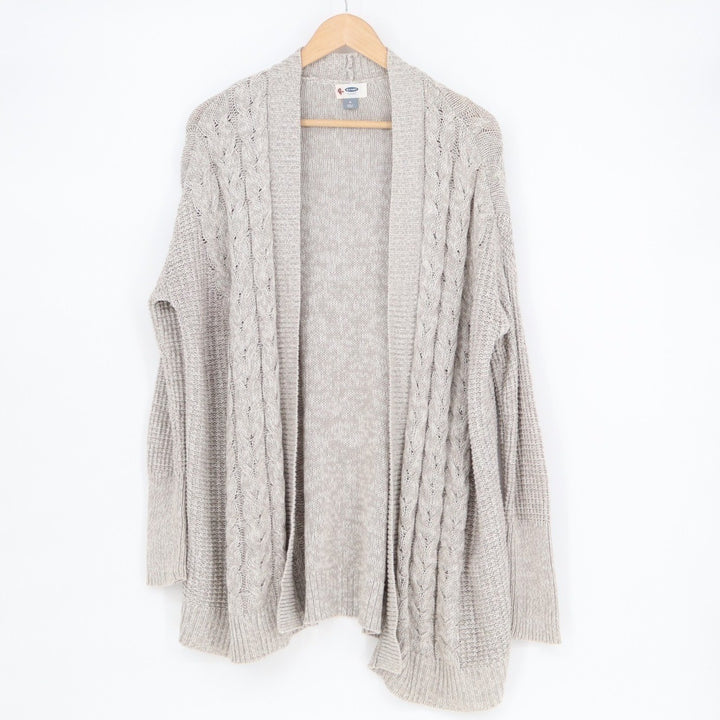Old Navy Cardigan Sweater Women Medium Gray Cotton Cable Knit Ribbed Long Sleeve
