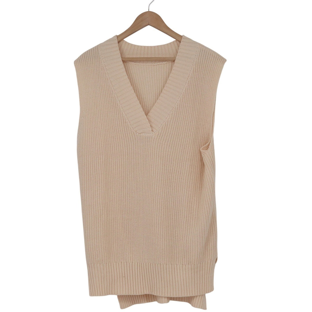 Cream V-Neck Ribbed Knit Oversized Sweater Vest Sleeveless Pullover Medium