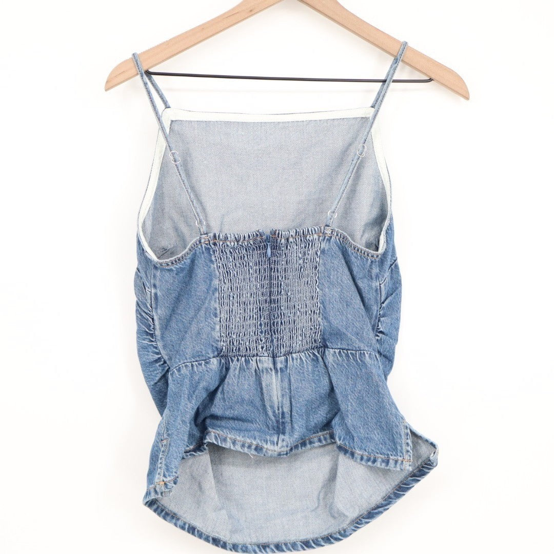 Madewell Tank Top Womens 6 Blue Denim Cotton Ruched Square Neck Spaghetti Strap