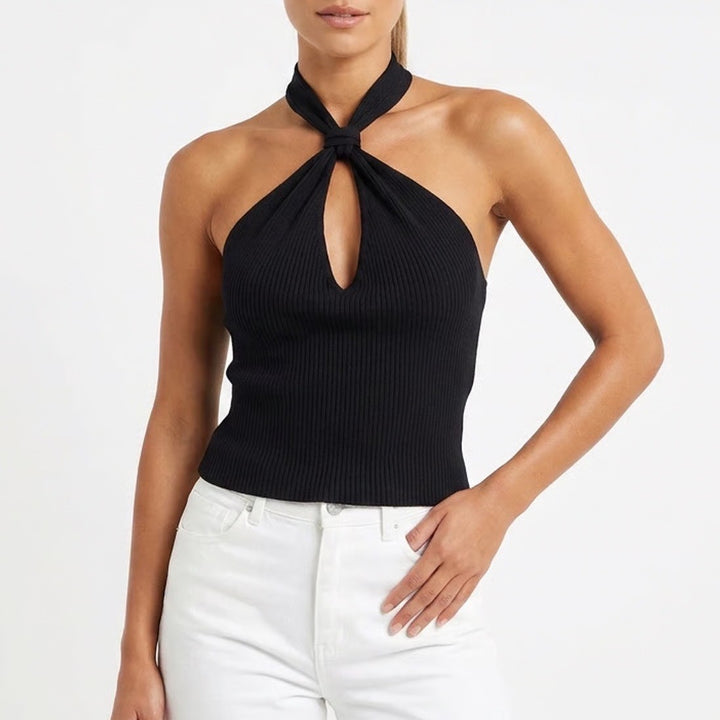A New Day Womens Black Ribbed Halter Neck Twist Front Sleeveless Top Size L