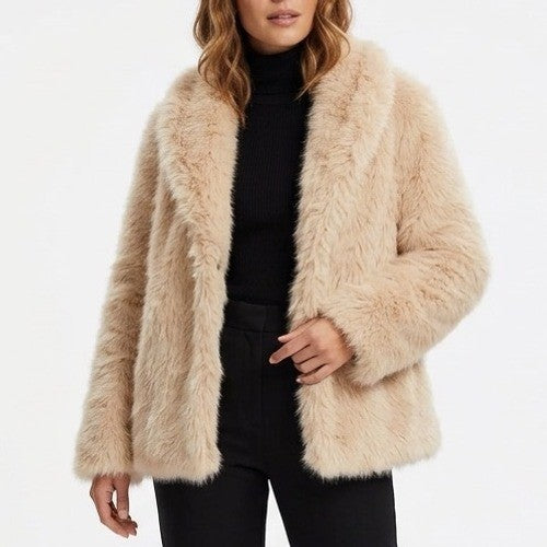 RSQ Faux Fur Jacket Womens Large Beige Lined Shawl Collar Snap Front Winter