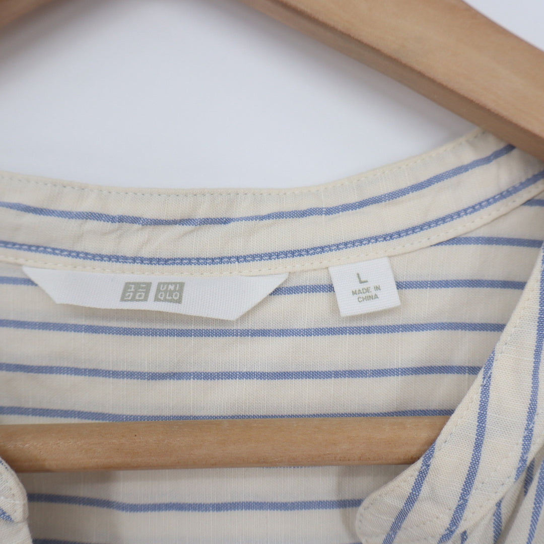 Uniqlo Womens L Pinstripe Band Collar Linen Blend Blouse Blue Cream