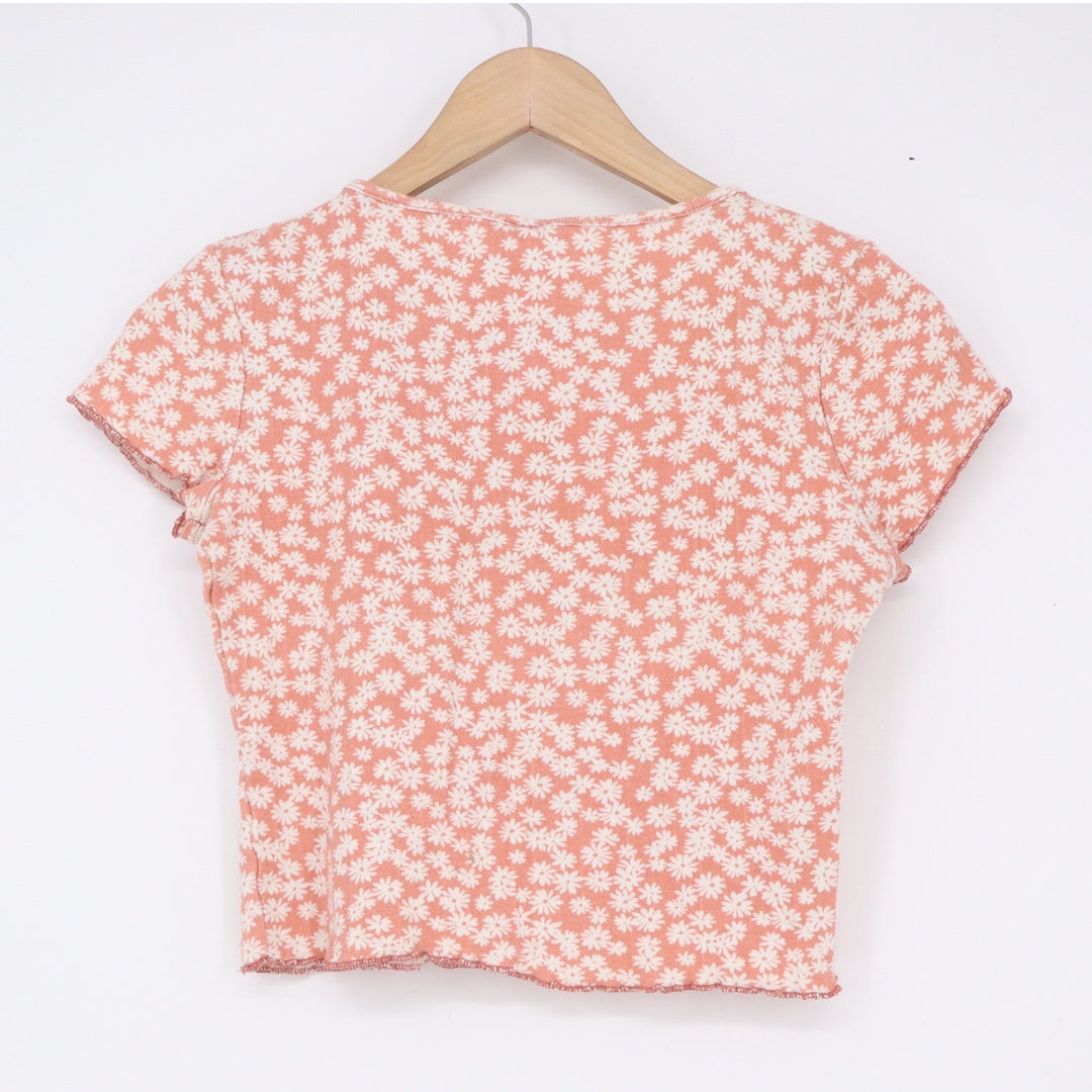 Destined Coral Pink Daisy Floral Ribbed Lettuce Trim Cropped Baby Tee Large