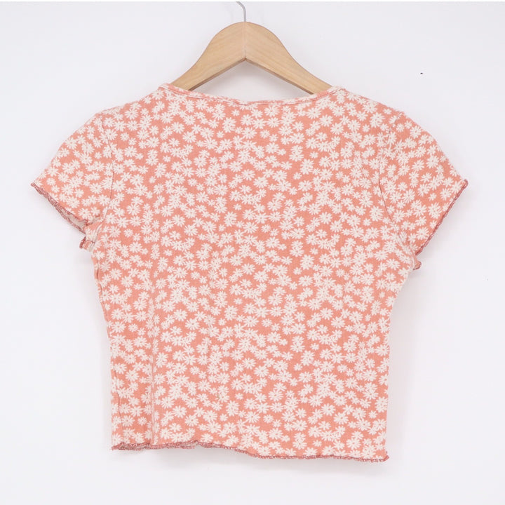 Destined Coral Pink Daisy Floral Ribbed Lettuce Trim Cropped Baby Tee Large