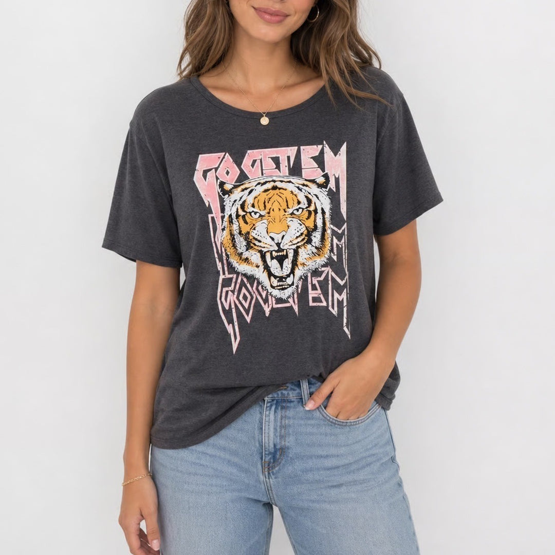 Go Get Em Tiger Graphic Tee Charcoal Grey Short Sleeve Shirt Large