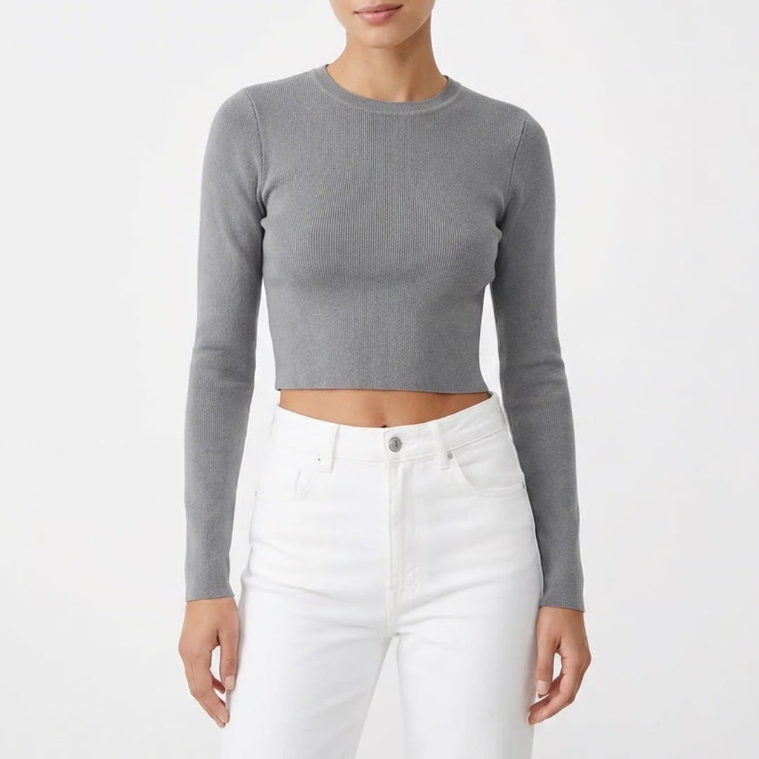 Zara Grey Ribbed Knit Long Sleeve Cropped Top Crew Neck Size S