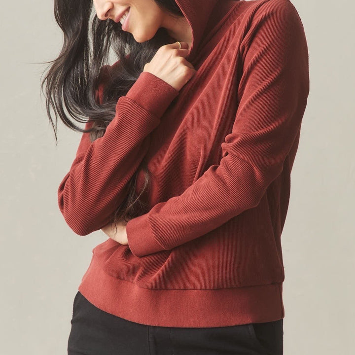 American Giant Thermal Hoodie Womens L Red Cotton Waffle Knit Stretch Pullover