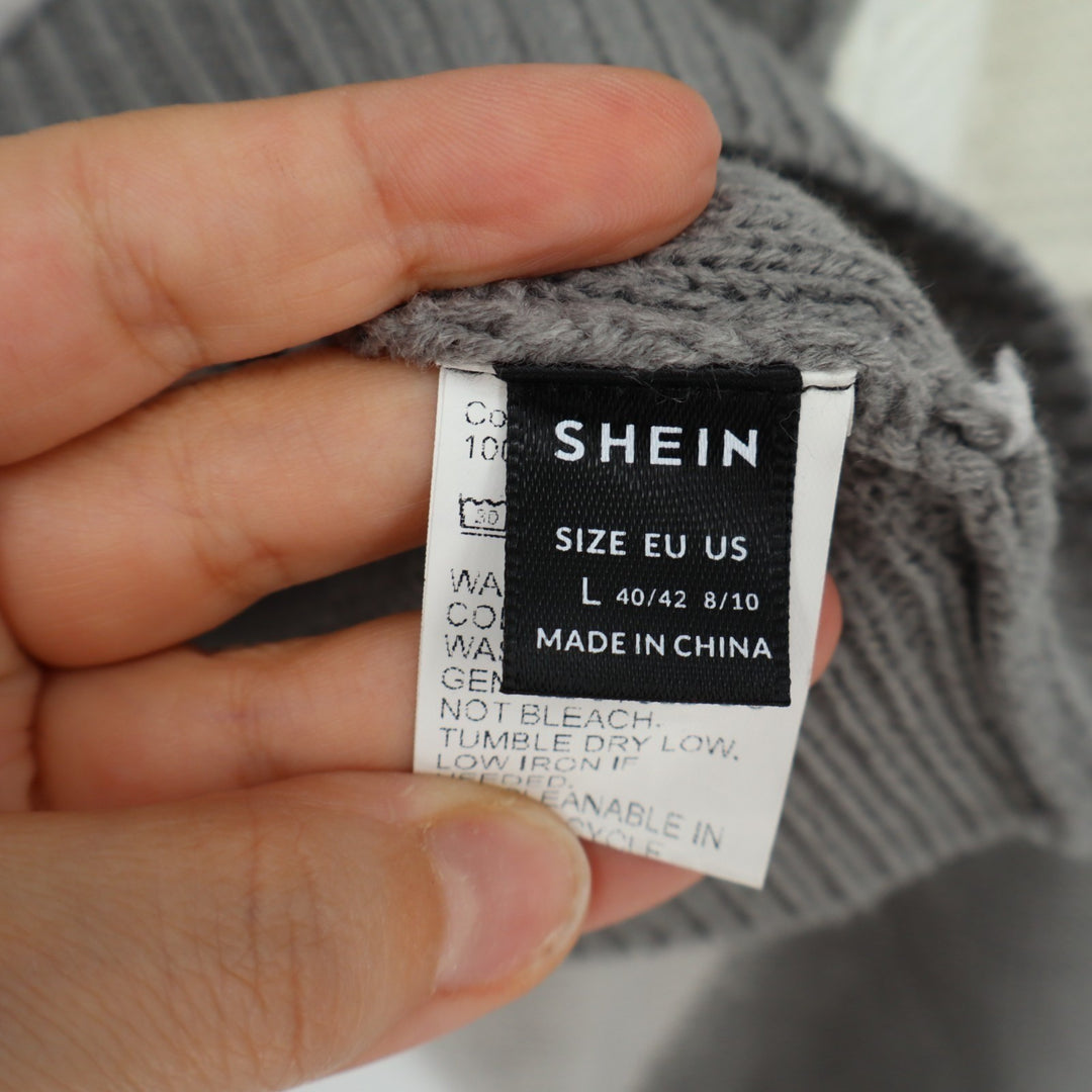 Shein Cropped Sweater Womens L Gray White Colorblock Knit Long Sleeve Pullover