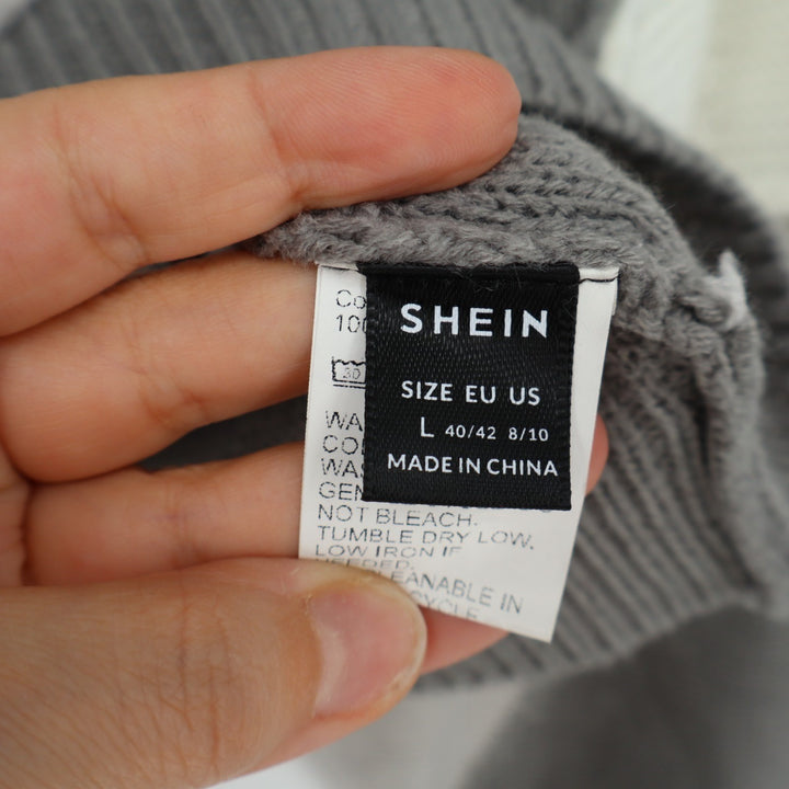 Shein Cropped Sweater Womens L Gray White Colorblock Knit Long Sleeve Pullover