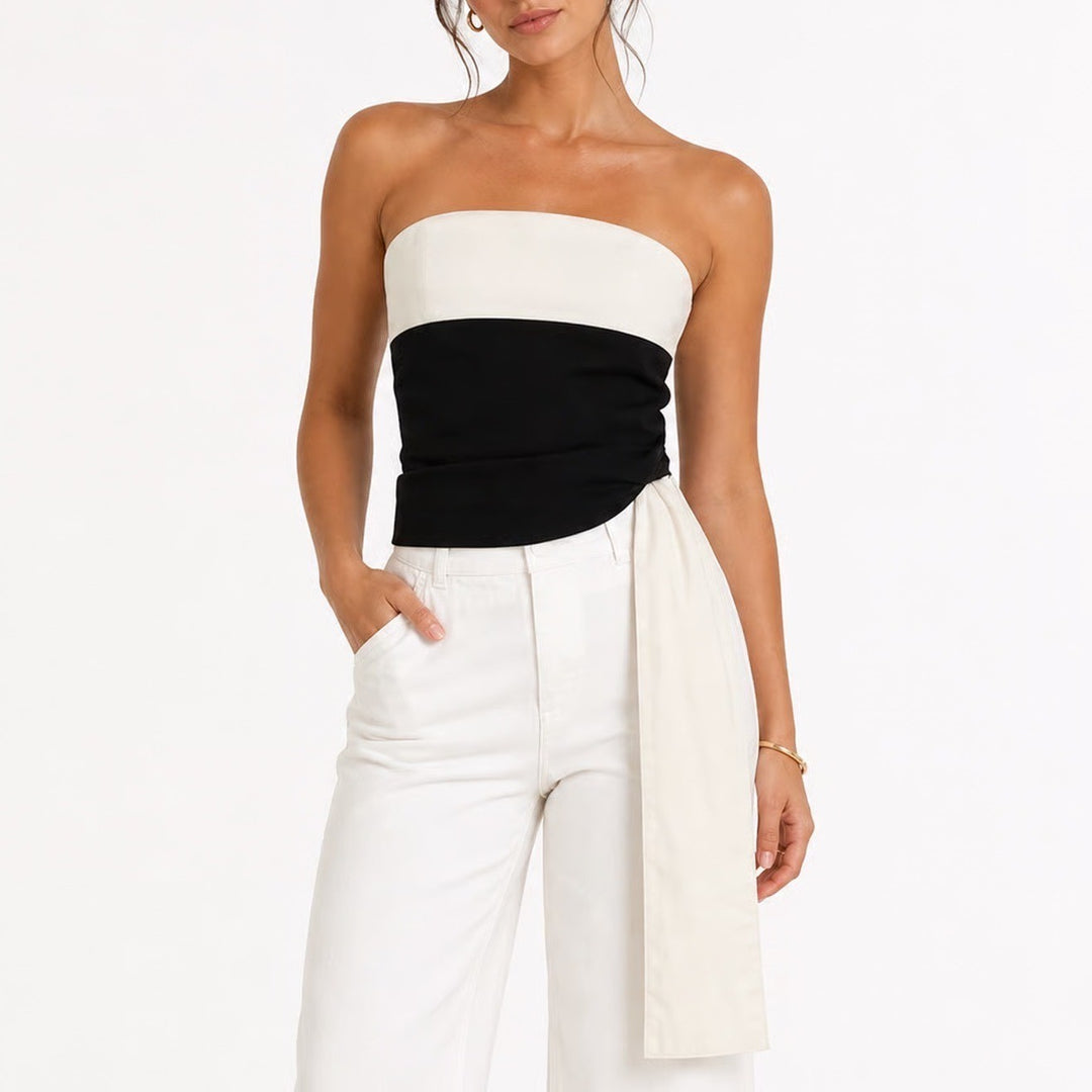 Jianning Women Black Cream Colorblock Strapless Tube Top with Long Sash Small