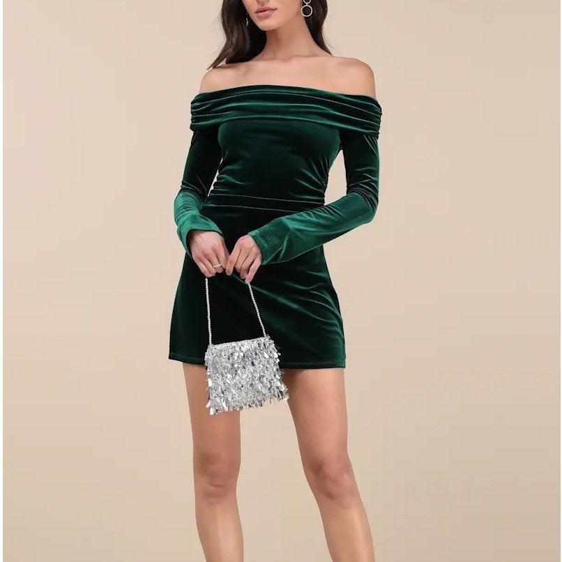 Lulus Nia Emerald Velvet Off-The-Shoulder Mini Dress Size M