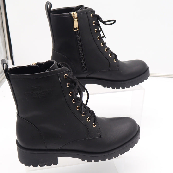 Coach Black Leather Combat Boots Gold Hardware Side Zip Womens 8B