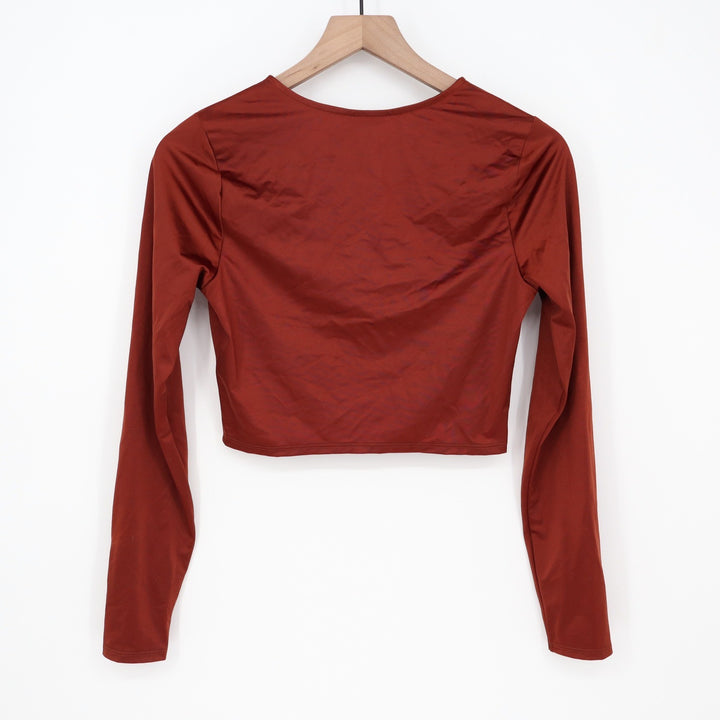 Calia Womens Ruched Rashguard Red Brown Shine Long Sleeve Crop Swim Top S