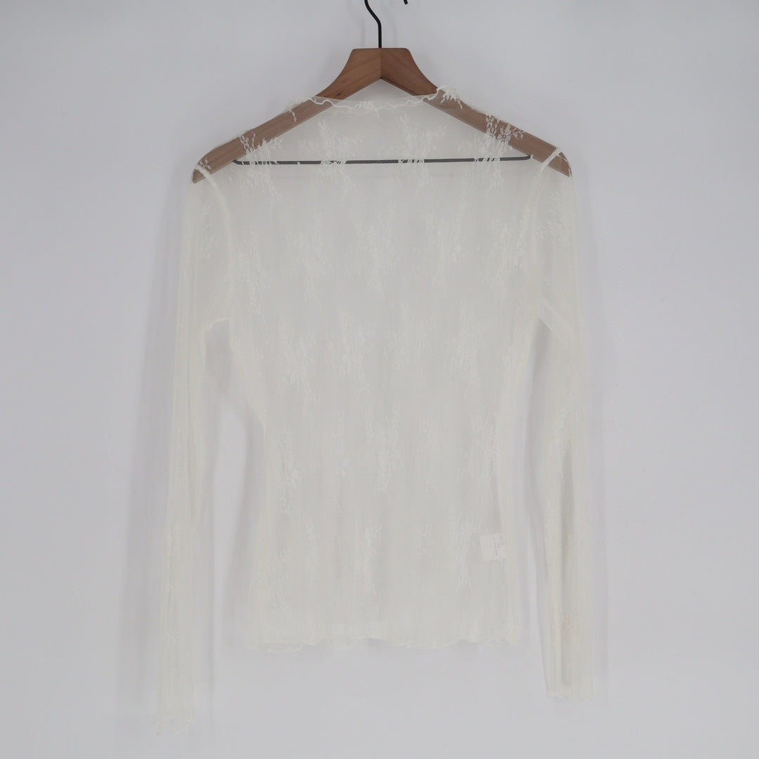 White Floral Lace Sheer Long Sleeve Mesh Top Slim Fit Crew Neck Size L