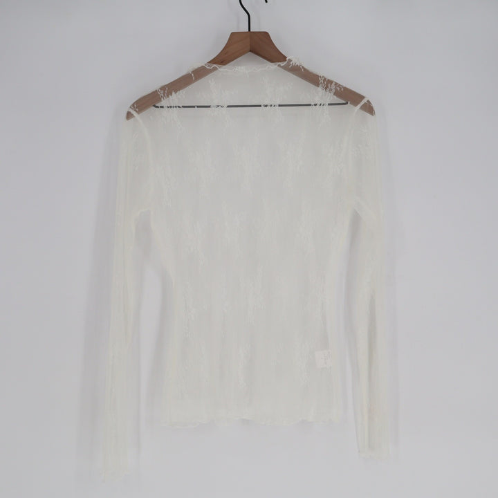 White Floral Lace Sheer Long Sleeve Mesh Top Slim Fit Crew Neck Size L