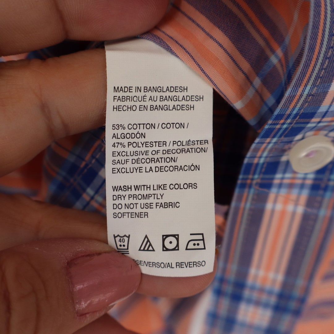 IZOD Mens Large Short Sleeve Plaid Button Down Shirt Orange Blue White Casual