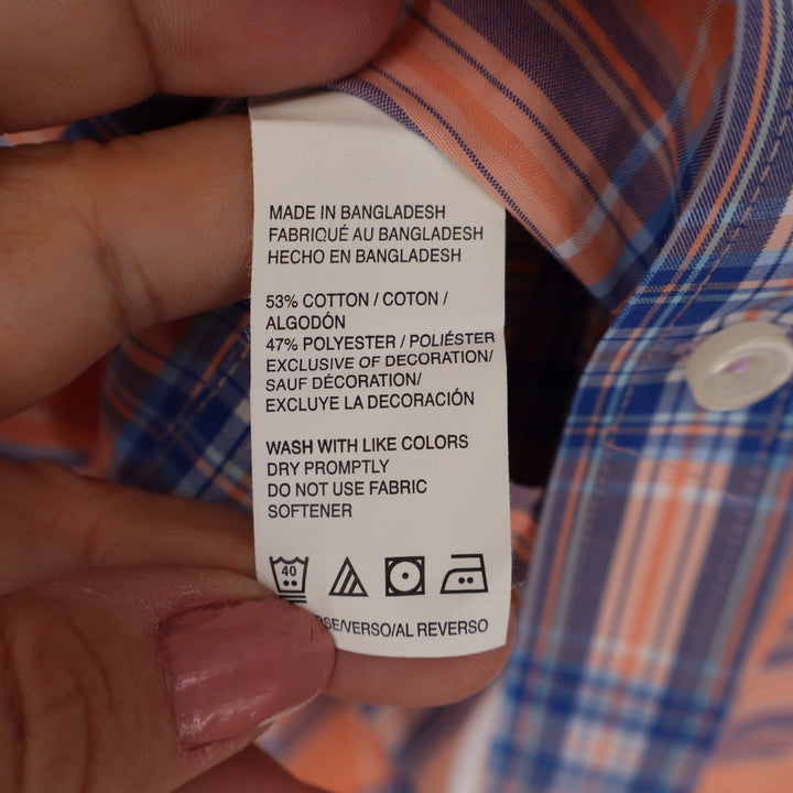 IZOD Mens Large Short Sleeve Plaid Button Down Shirt Orange Blue White Casual