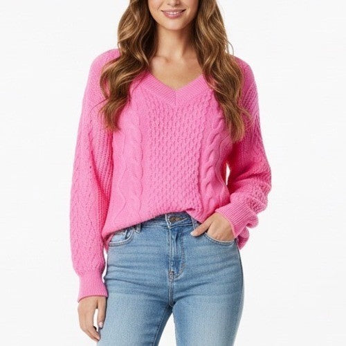 Abound Sweater Women Medium Aurora Pink Cable Knit Cotton Side Slit High Low Hem