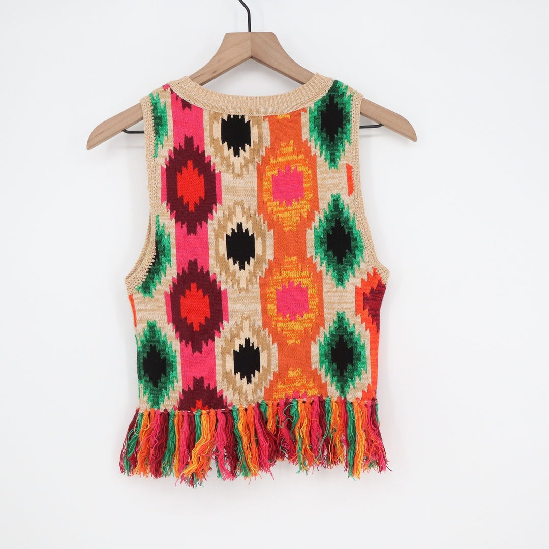 Alice + Olivia Multicolor Ikat Fringe Knit Shell Top Small S/P