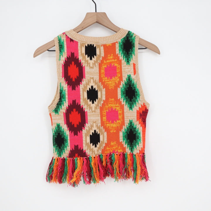 Alice + Olivia Multicolor Ikat Fringe Knit Shell Top Small S/P
