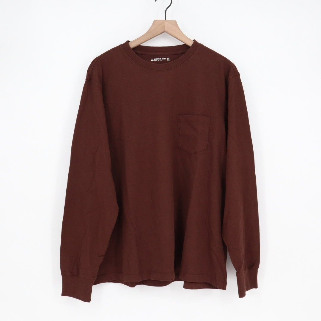 American Giant T-Shirt Men XL Brown Cotton Crew Neck Front Pocket Long Sleeve