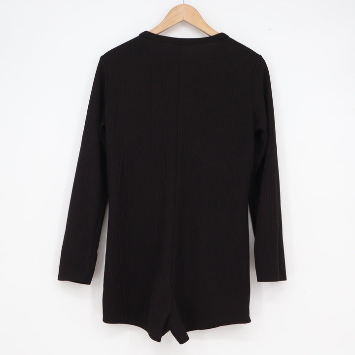 Shein Black Ribbed Knit Long Sleeve Button Front Romper Size L
