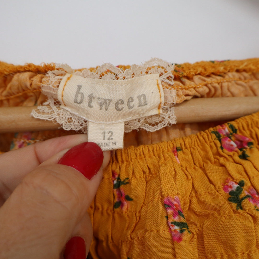 Btween Girls Mustard Yellow Floral Smocked Long Sleeve Crop Top Size 12