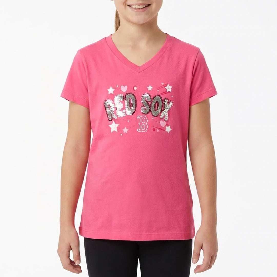 New Era Boston Red Sox Girls Pink Sequin Graphic T-Shirt Size L 14/16