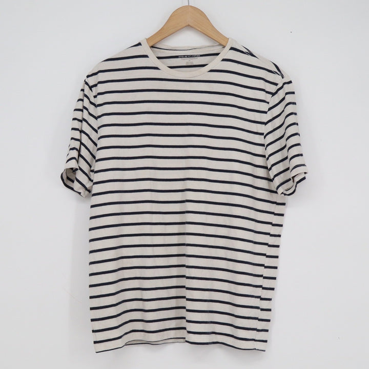 Amazon Essentials Mens Regular Fit Striped Crewneck T-Shirt Cream Navy Blue M