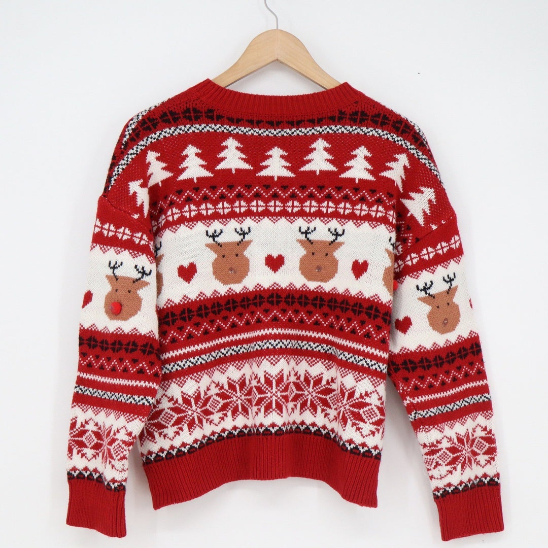 Red Fair Isle Reindeer Christmas Sweater Womens Size S Pom Pom Holiday Knit